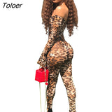Leopard Print Casual 2 Piece Set Outfits For Women Off Shoulder Long Sleeve Playsuit Trousers Pant Matching Women's