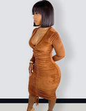 Casual Velvet Ruched V Neck Long Sleeve Bodycon
