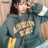 Korean Fashion Green Blue Women's Sweatshirt New Loose Letter Embroidery Tracksuit Winter Fleece Hoodies Female Warm