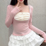 Fashion Girl Hit Color Square Collar Fold Splicing Fake Two Long-Sleeved T-Shirts Sweet Knit Blouse-Outfit