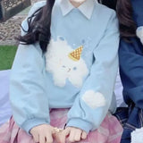 QWEEK Kawaii Doggy Hoodie Women Embroidered Blue Crewneck Sweatshirt Korean Winter 2021 Long Sleeve Cute Top Soft Girl