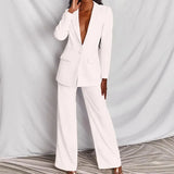Autumn Solid Women Jacket Breasted Pant Sets Two Piece Suit Wide Leg Pants Ladies Blazer Suits Elegant Normal Clothing-Outfit