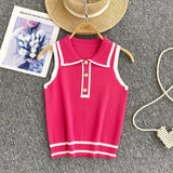 Style Striped Knitted Sleeveless Vest Women's Summer Collar Slimming Design Chic Beautiful Little Man