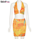 Puss Contrast Low-Neck Women Wild Matching Set Halter Bandage Crop Top And Skirts Summer Sexy Backless Streetwear
