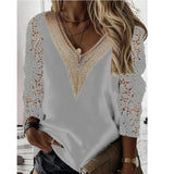 V-neck Stitching Hollow Lace Shirt Women Long Sleeve Chiffon Pullover Blouse Women Casual Lady Slim Tops Elegant