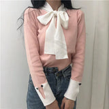 Korean Lacing Bow Sweet Women Pullovers Hit Color Basic Long Sleeve Female Sweaters Elegant Patchwork Sueter Mujer