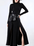 Women Red Vent Split Joint Long Temperament Dress New Turtleneck Long Sleeve Loose Fit Fashion Spring Summer 2023