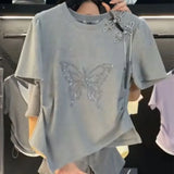 Chinese Round Neck Button Butterfly Short sleeved T-shirt Women Top New Fashion Loose Casual Versatile Summer Tshirts Top-Outfit