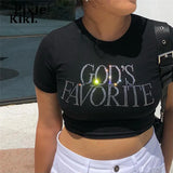 Letter Rhinestone Crop Tops Black Y2k Streetwear Sexy Short Sleeve Tight Tshirts for Women Baby Tee 90s