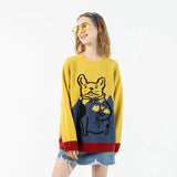 Stitching Color Bulldog Embroidery Sweater Harajuku Retro Style Knitted Sweater Autumn And Winter Cotton Pullover