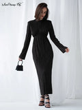 Luxury Elegant Dress Women Pleated Autumn Party Dress Lady Slim Long Sleeve Midi Dress Evening 2022 Robe Hollow