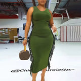 Women Elegant Solid Tank Sexy Sleeveless Tassel Side Decoration Bodycon Sexy Midi Party Dress-Outfit