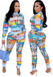 Fashion Blue Print Long Sleeve Top And Pant 2 Piece