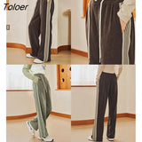 Women Corduroy Sweatpants 2023 Spring Elastic Waist Straight Loose Trousers Side Stripe Casual Basic Sport Long