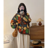 Women Sweaters Cardigan Print Floral Coats Full Sleeve Knitted Loose Jumpers Coat Top Regular Splice Single Breasted Outerwear-Outfit