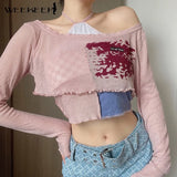 Cute Patchwork T-Shirt Two Piece Women Long Sleeve Transparent Tee And Tie Up Halter Cropped Tops Summer Kawaii