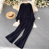 Chic Autumn Winter Women Korean Set Design Casual Loose Irregular Tops+High Waist Wide Leg Long Pants Two Piece