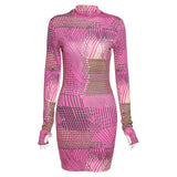 Striped Print Mini Dress Women 2020 Autumn Turtleneck Long Sleeve Bodycon Skinny Dresses Fashion Female Outfit