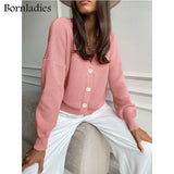 Casual V-neck Knitted Loose Cardigan Women Buttons Lantern Sleeve Sweaters Female Basic White Autumn Winter
