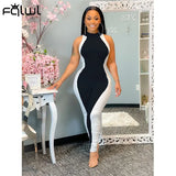 Summer Streetwear Blue Black Patchwork Bodycon Jumpsuit Women Skinny Sleeveless Elastic One Piece Outfit Female