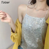 Tank Top Sequins Solid Women Summer Basic Leisure Streetwear Night Club Sexy Crop Tops Womens Camis Stylish