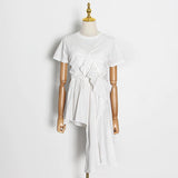 Eelegant Patchwork Ruffle Woman's T-shirt O Neck Short Sleeve Ruched Asymmetric Oversize Casual Shirt Female