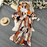 Holiday Fashion Print Two Pieces Sutis Autumn Batwing Sleeve Loose Top+Casual Straight Long Pant 2022 Retro Women
