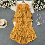 Bohemian Beach Long Dress Summer Women 2022 Ruched Long Sleeves V Neck Elegant Elastic Waist A Line Beach