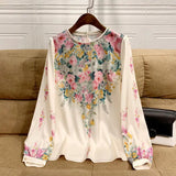 Shirt Women's Short Style 2023 Spring European New Oil Painting Aesthetic Printing Lantern Cage Sleeves Temperament Age-Reducing Chiffon Shirt-Outfit