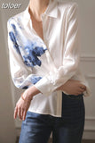 New Vintage Ink Printing Chiffon Shirt Turn-down Collar Long Sleeve Satin Blouse Women Summer Korean Style Casual