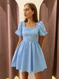 Party Lavender Bandage Backless Dress Chic Puff Sleeves Jacquard Flare Dress Elegant Lady Clubwear Summer Mini