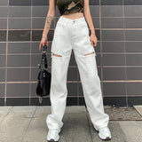 Rockmore Vintage Hollow Out Women'S Jeans Pockets White Harajuku Korean Baggy Straight Pants StreetWear Wide Leg
