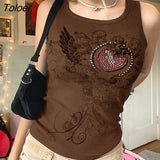 Women Sleeveless Grunge Tank Top Goth Rhinestone Heart Print Aesthetic Slim Crop Top Vintage Casual Cute Camis E