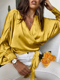 Celmia Women Satin Blouses Elegant Long Bat Sleeve Cross V Neck Bandage Waisted Tops Autumn Fashion Haut Style Wrap