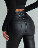 Fashion Black Zipper PU Leather With Pocket Slim