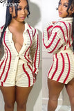 Striped Knitted Lapel Long Sleeve Single Breasted Tops and Shorts Two Piece Sets Womens Outfits Autumn 2023