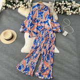 Holiday Fashion Print Two Pieces Sutis Autumn Batwing Sleeve Loose Top+Casual Straight Long Pant 2022 Retro Women