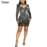 Diamonds Party Dresses Women Hollow Out Long Sleeve Sexy Dress Sheer Mesh Night Clubwear Bodycon O Neck Autumn