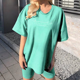 Letter Print Casual Women Suit Short Sleeve Oversized TShirt Elastic Slim Shorts Fashion Sreetwear Suit Two Pieces
