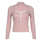 Sweet Girl Lace Bow Stitched Pink Long-Sleeved T-Shirt 2023 New Slim U-Collar Blouse-Outfit