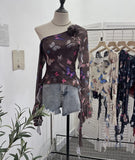 Tie Dyed Elastic Mesh Oblique Shoulder Irregular Horn Long-Sleeved T-Shirt Flower Short Floated Female
