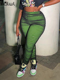 Autumn Streetwear Skinny Pants Women 2022 High Waist Casual Elastic Patchwork Ruched Green Pants Fashion Trousers