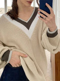 Autumn Women's Striped Knitted Sweater Oversize Thick Warm Loose Jumper Tops Vintage V Neck Ladies Pullover Sweaters