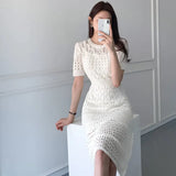 Chic Korean Temperament Slim Sexy Hollow Out Dresses O Neck Short Sleeve Wrap Hip Knitted Dress White Lady Summer