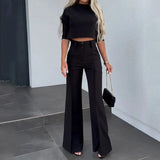 Women Korean Solid Short Tops Two Piece Sets Simple Round Neck Loose Straight Long Pants Set High Waist Ladies Autumn-Outfit