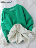 Winter Fleece Sweatshirt Women Oversize Green Tops Loose Thick Velvet Warm Sweatshirts Women Thick Fleece