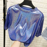 stylish bright silk woman tops shiny loose short sleeve t-shirt sexy club aesthetic harajuku women