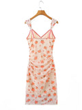 Sexy Small Flower Print Deep V neck Mesh Sling Dress Woman Ruched Package Hips Spaghetti Strap Mini Party Dresses Bodycon-Outfit