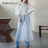 Minimalist Solid Dress For Women Lapel Lantern Long Sleeve High Waist Patchwork Mesh Midi Dresses Female 2022