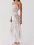 Sexy Women Lace Floral Long Dress Sexy Mesh See Through Summer Dress Sleeveless Strap White Beach Female Vestido 2024-Outfit